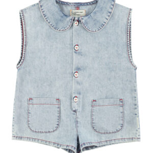 Short sleeveless jumpsuit | blue light denim with apple print